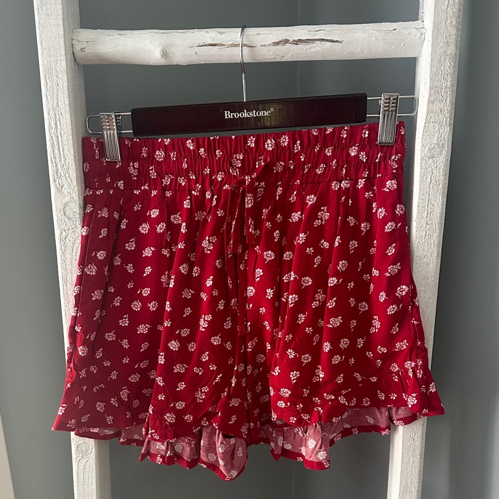 Hollister Red Shorts with White Floral Pattern